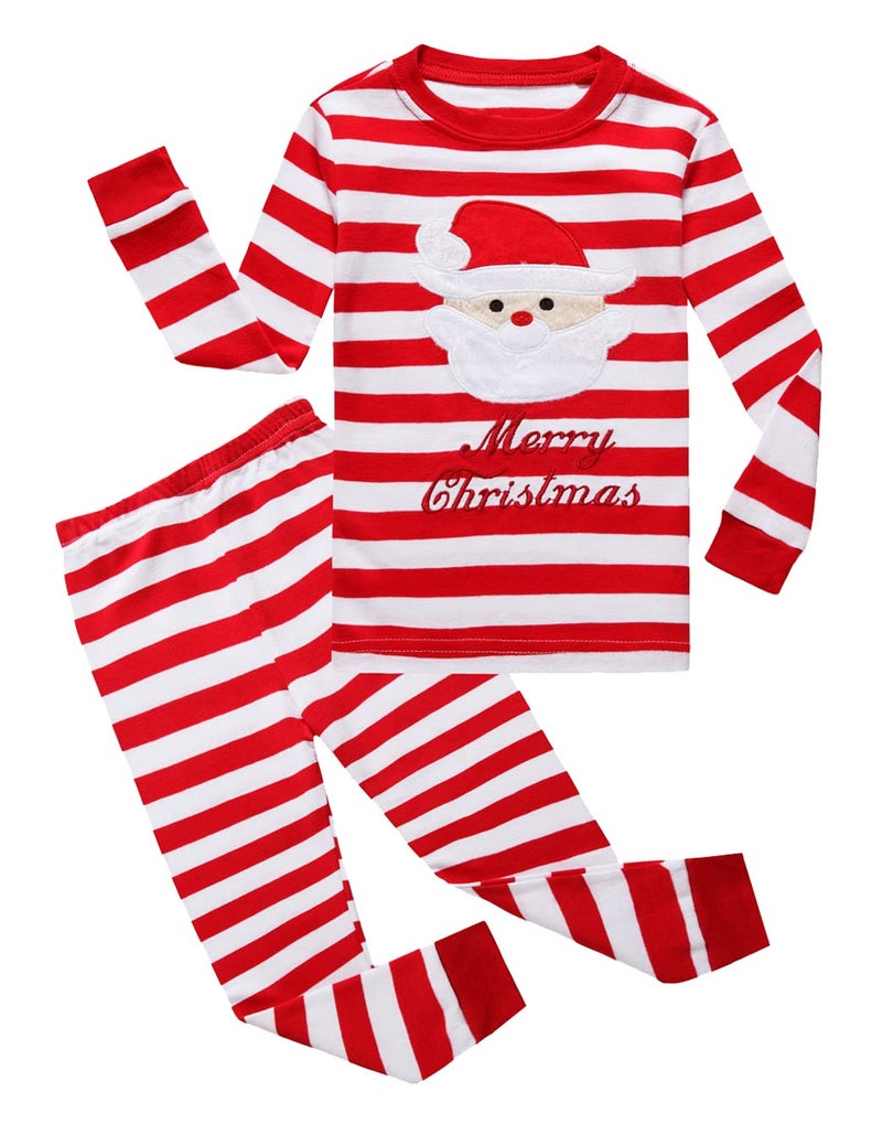 KikizYe Christmas Striped Santa Claus Little Girls Boys Pjs 100% Cotton Long Sleeve Kid Pajamas Sets Size 6 Red - Image 1